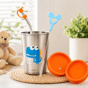 Adore Bliss Printed Stainless Steel Tumbler with Straw, Closed Lid, Straw Lid, Straw Brush- 300ml - Orange