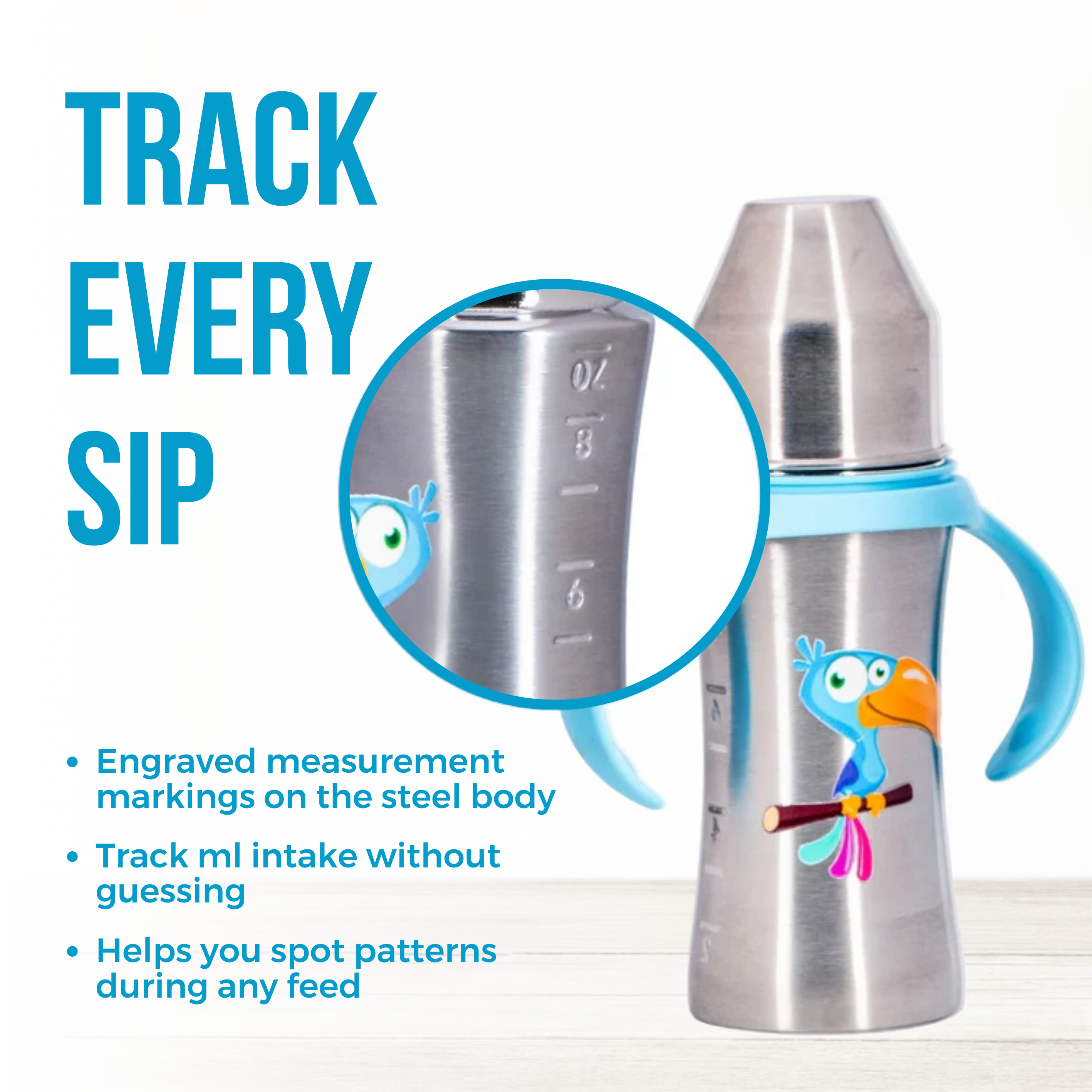 Adore Twilight 2in 1 Stainless Steel Sipper with Twin Handle 250ml - Blue Toucan