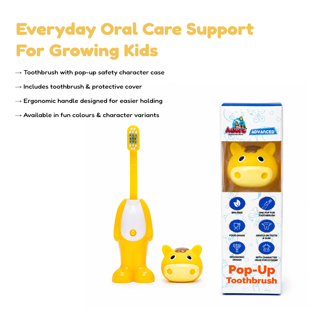 Adore Kids Pop Up Toothbrush with Safety Head Attractive Character - Yellow Cow