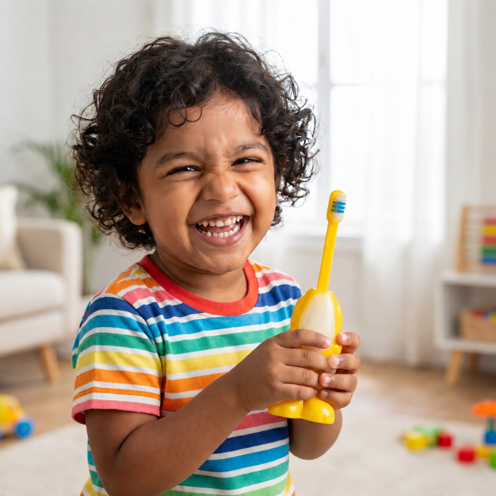 Adore Kids Pop Up Toothbrush with Safety Head Attractive Character - Yellow Cow