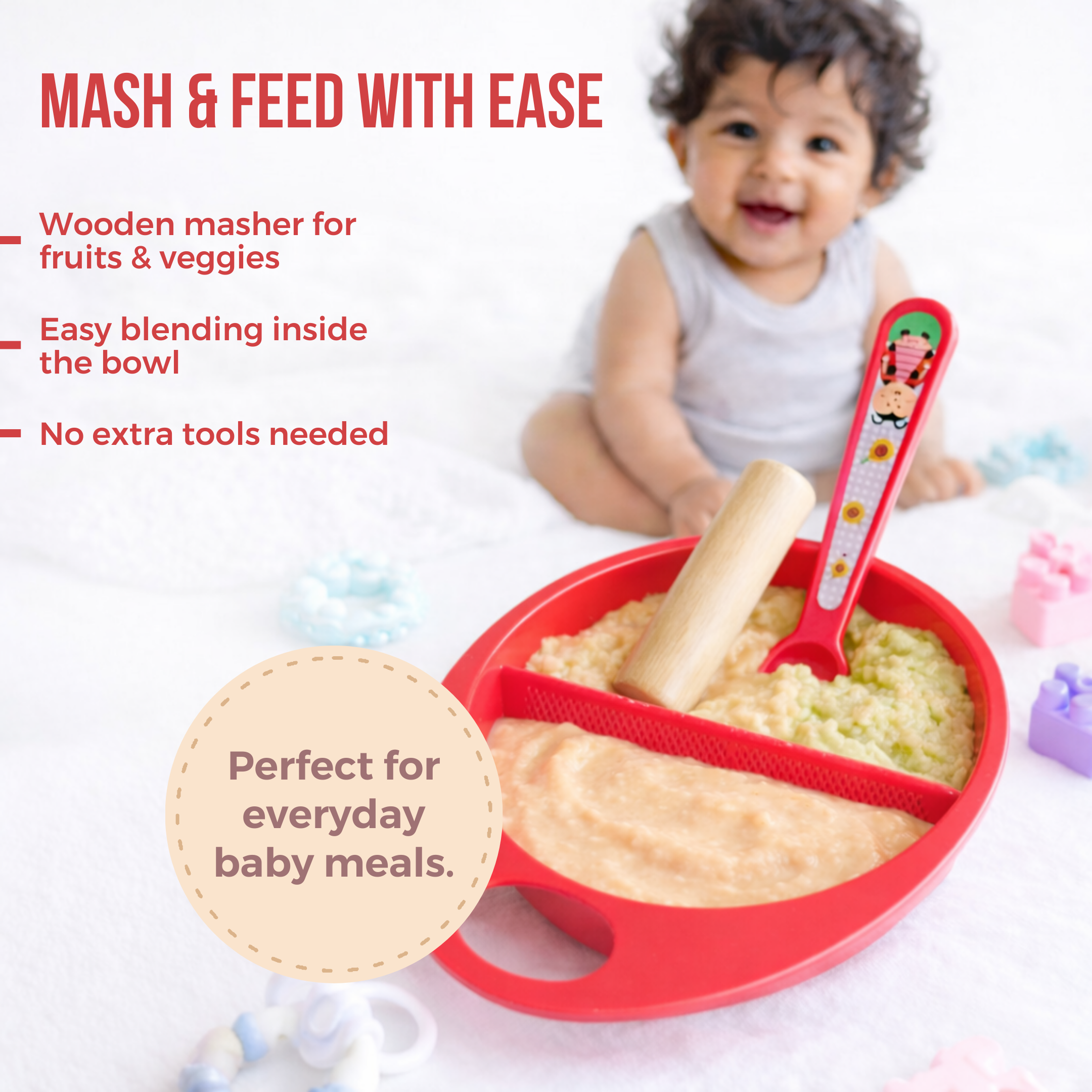 Adore Supper Hero Feeding Bowl with Spoon, Fork & Wooden Masher- Red