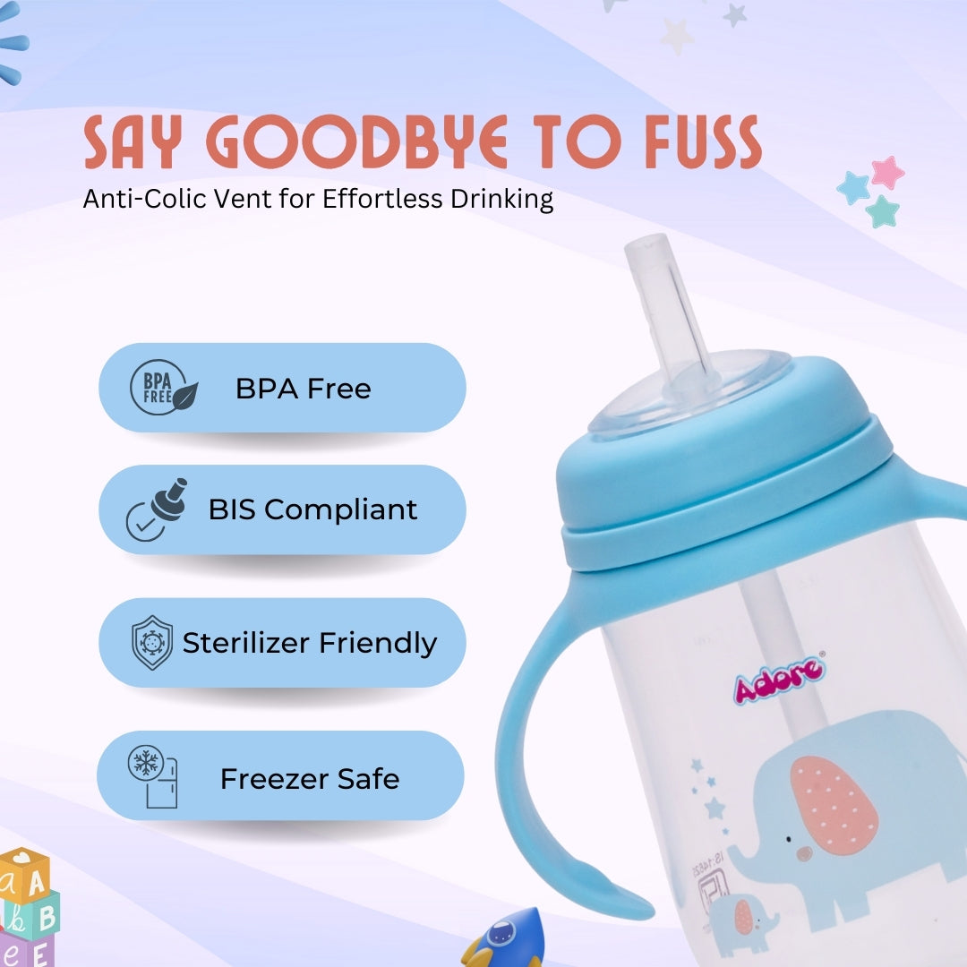 Adore Scotland Wide neck Soft Straw Sipper with Twin Handle-250ml- New Blue