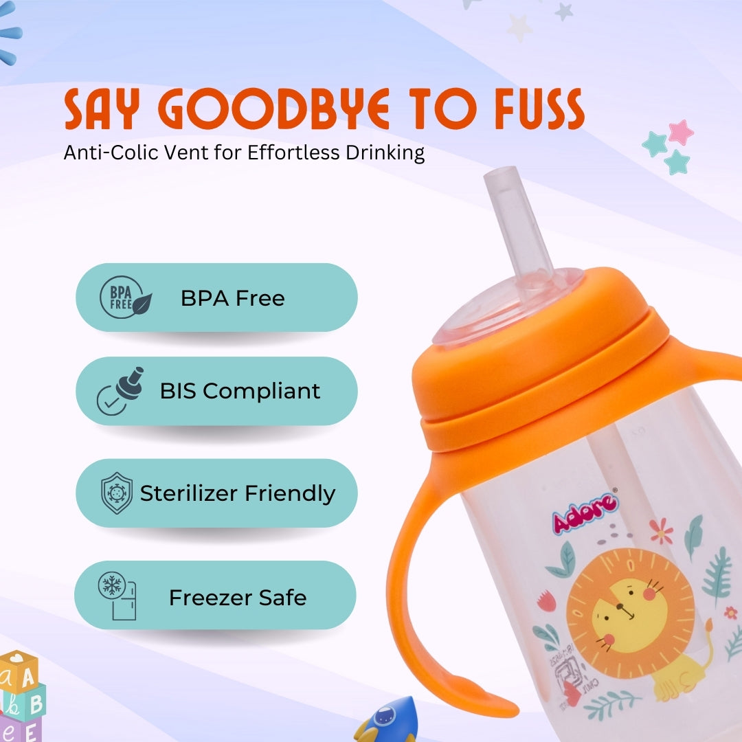 Adore Scotland Wide neck Soft Straw Sipper with Twin Handle-250ml- Orange