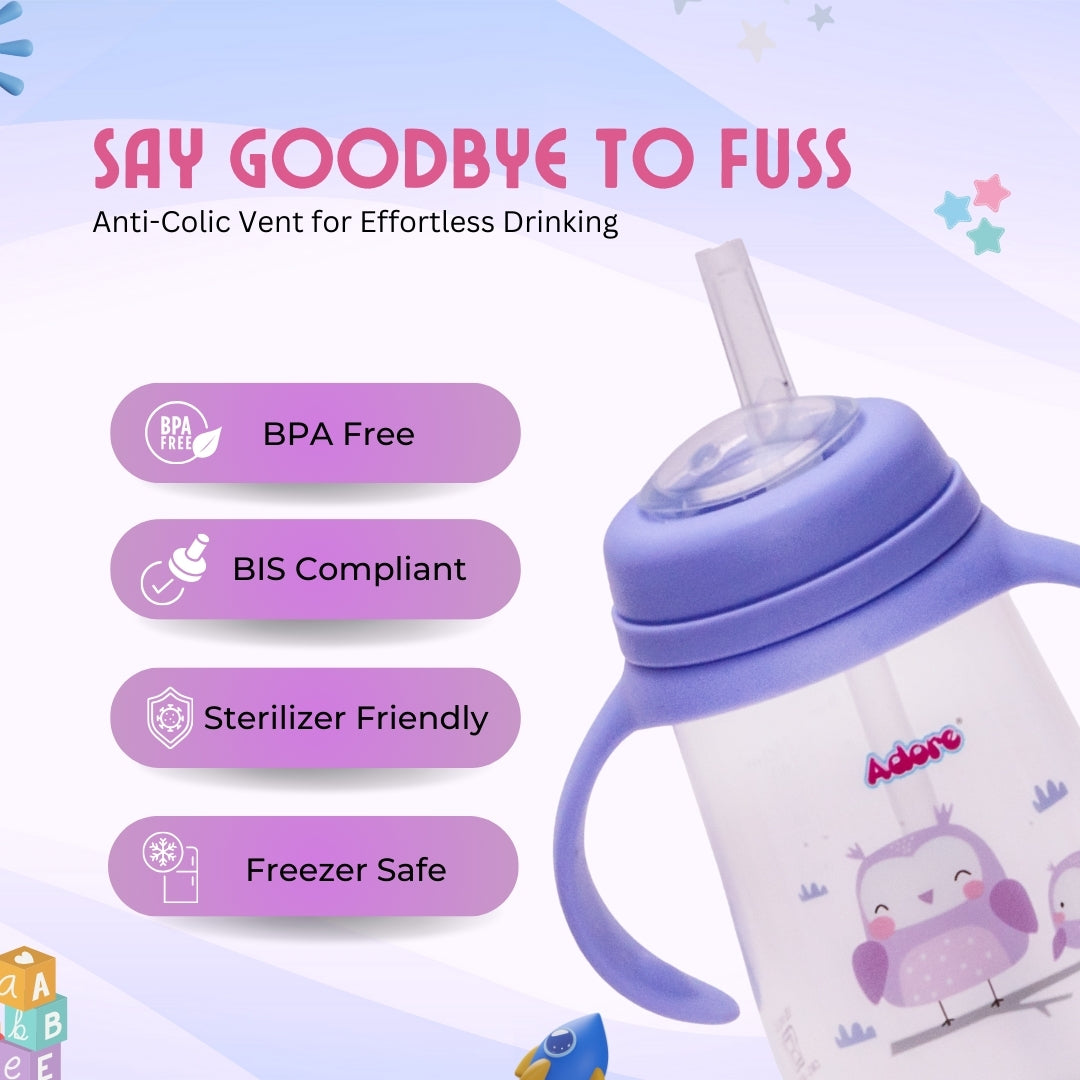 Adore Scotland Wide neck Soft Straw Sipper with Twin Handle-250ml- Purple