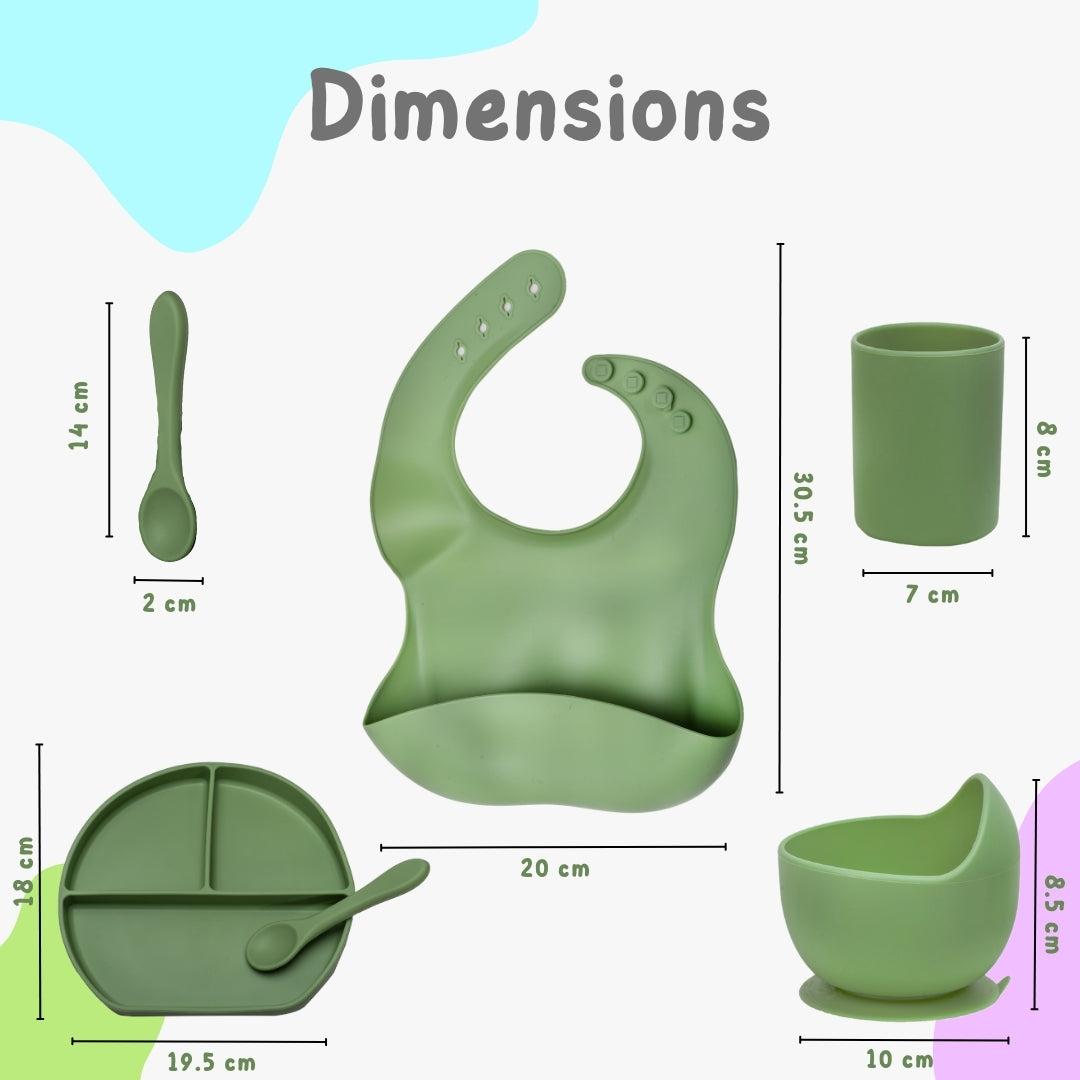 Adore Brillio Silicon Baby Feeding Set- Pack of 5 - Military Green