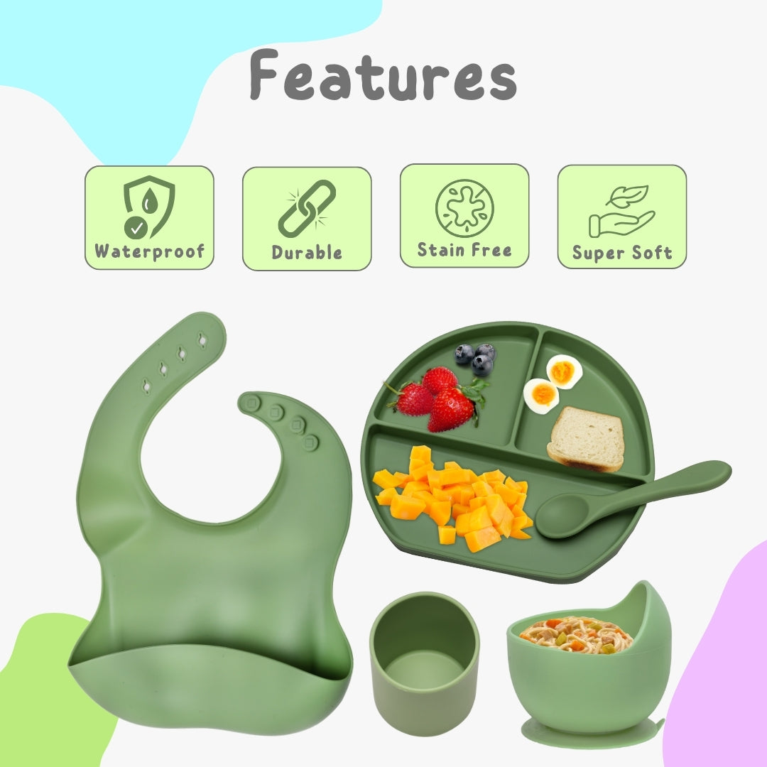 Adore Brillio Silicon Baby Feeding Set- Pack of 5 - Military Green