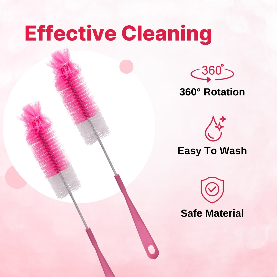 Adore Duece Long Handled Nylon Baby Bottle Cleaning Brush Kit Pack of 2 - Pink