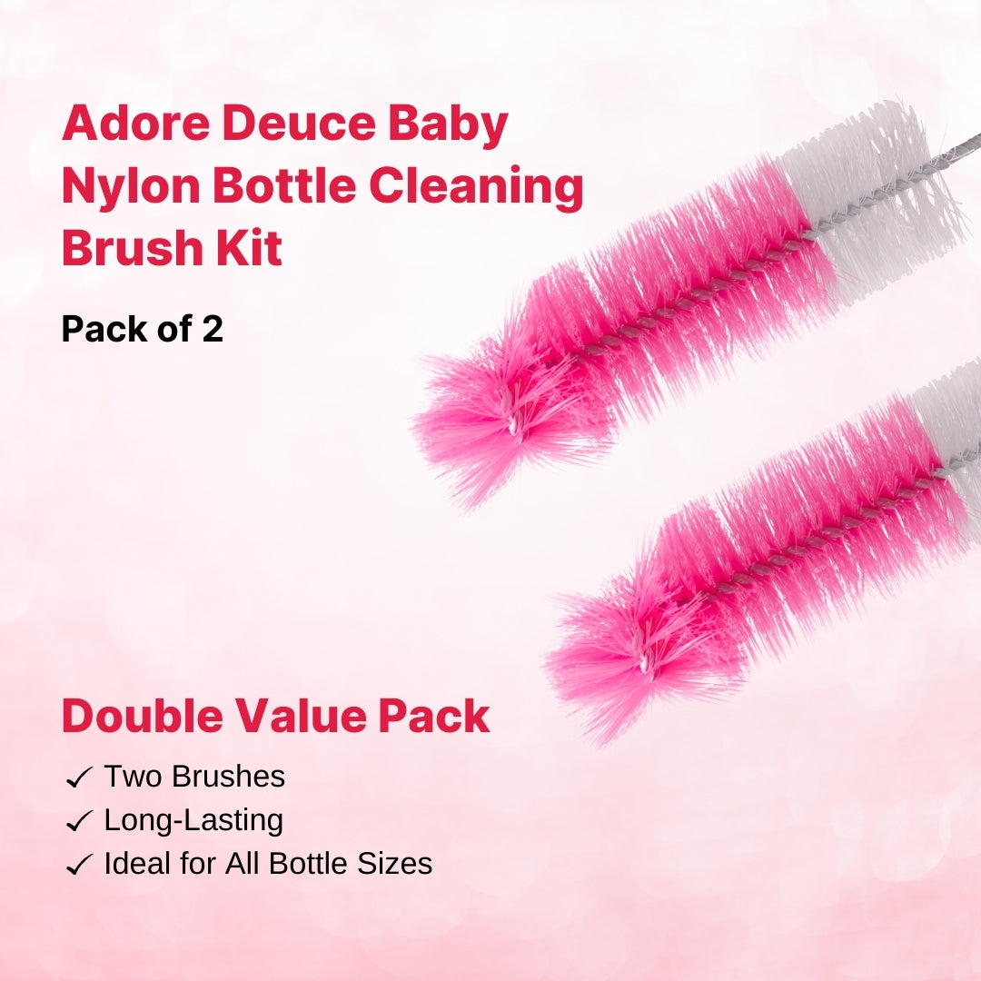 Adore Duece Long Handled Nylon Baby Bottle Cleaning Brush Kit Pack of 2 - Pink