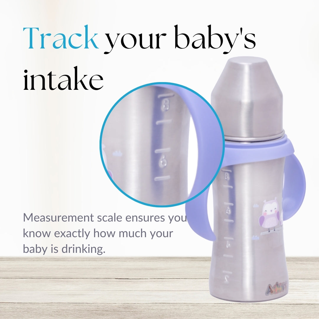 Adore Magnus! Premium Wideneck Stainless Steel Feeding Bottle with anti-colic teat and Handle 250ml - Purple Owl