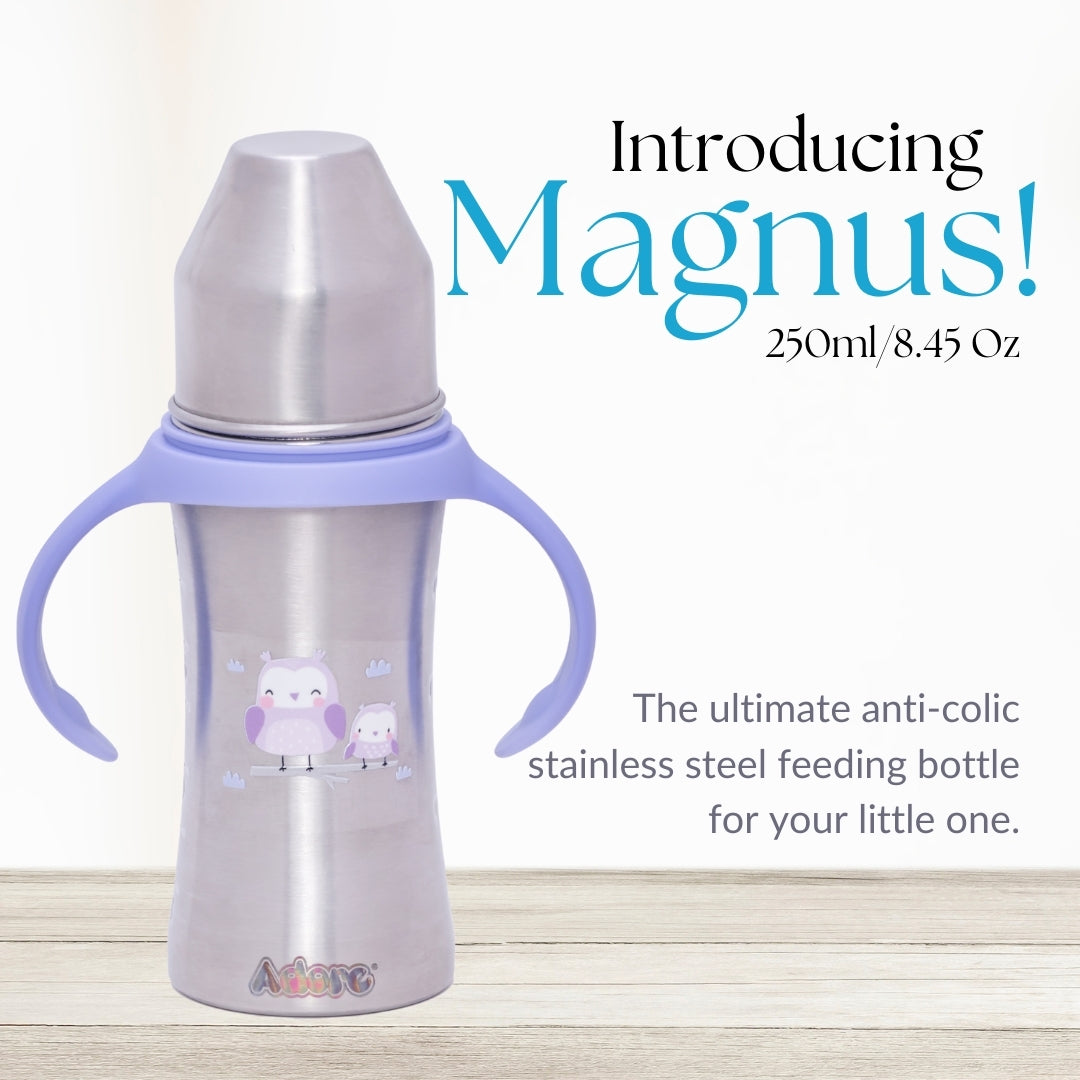 Adore Magnus! Premium Wideneck Stainless Steel Feeding Bottle with anti-colic teat and Handle 250ml - Purple Owl