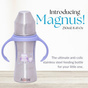 Adore Magnus! Premium Wideneck Stainless Steel Feeding Bottle with anti-colic teat and Handle 250ml - Purple Owl
