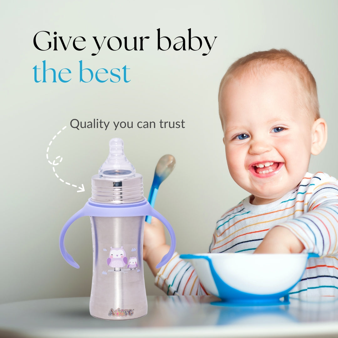 Adore Magnus! Premium Wideneck Stainless Steel Feeding Bottle with anti-colic teat and Handle 250ml - Purple Owl