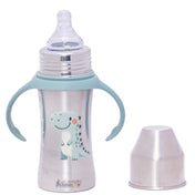 Adore Magnus! Premium Wideneck Stainless Steel Feeding Bottle with anti-colic teat and Handle 250ml - Green Dino