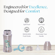 Adore Magnus! Premium Wideneck Stainless Steel Feeding Bottle with anti-colic teat and Handle 250ml - Green Dino