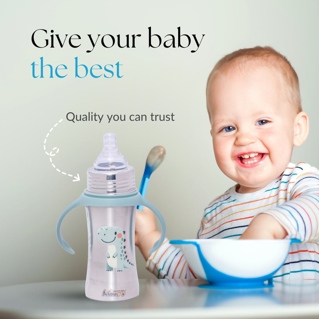 Adore Magnus! Premium Wideneck Stainless Steel Feeding Bottle with anti-colic teat and Handle 250ml - Green Dino