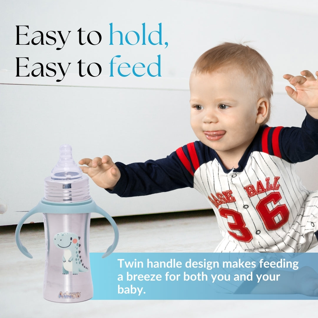 Adore Magnus! Premium Wideneck Stainless Steel Feeding Bottle with anti-colic teat and Handle 250ml - Green Dino