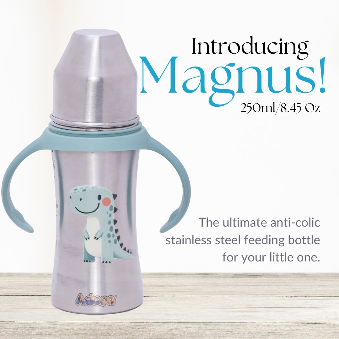 Adore Magnus! Premium Wideneck Stainless Steel Feeding Bottle with anti-colic teat and Handle 250ml - Green Dino