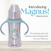 Adore Magnus! Premium Wideneck Stainless Steel Feeding Bottle with anti-colic teat and Handle 250ml - Green Dino