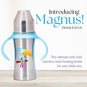 Adore Magnus! Premium Wideneck Stainless Steel Feeding Bottle with anti-colic teat and Handle 250ml - Blue Toucan