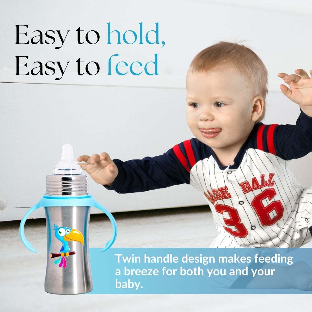 Adore Magnus! Premium Wideneck Stainless Steel Feeding Bottle with anti-colic teat and Handle 250ml - Blue Toucan