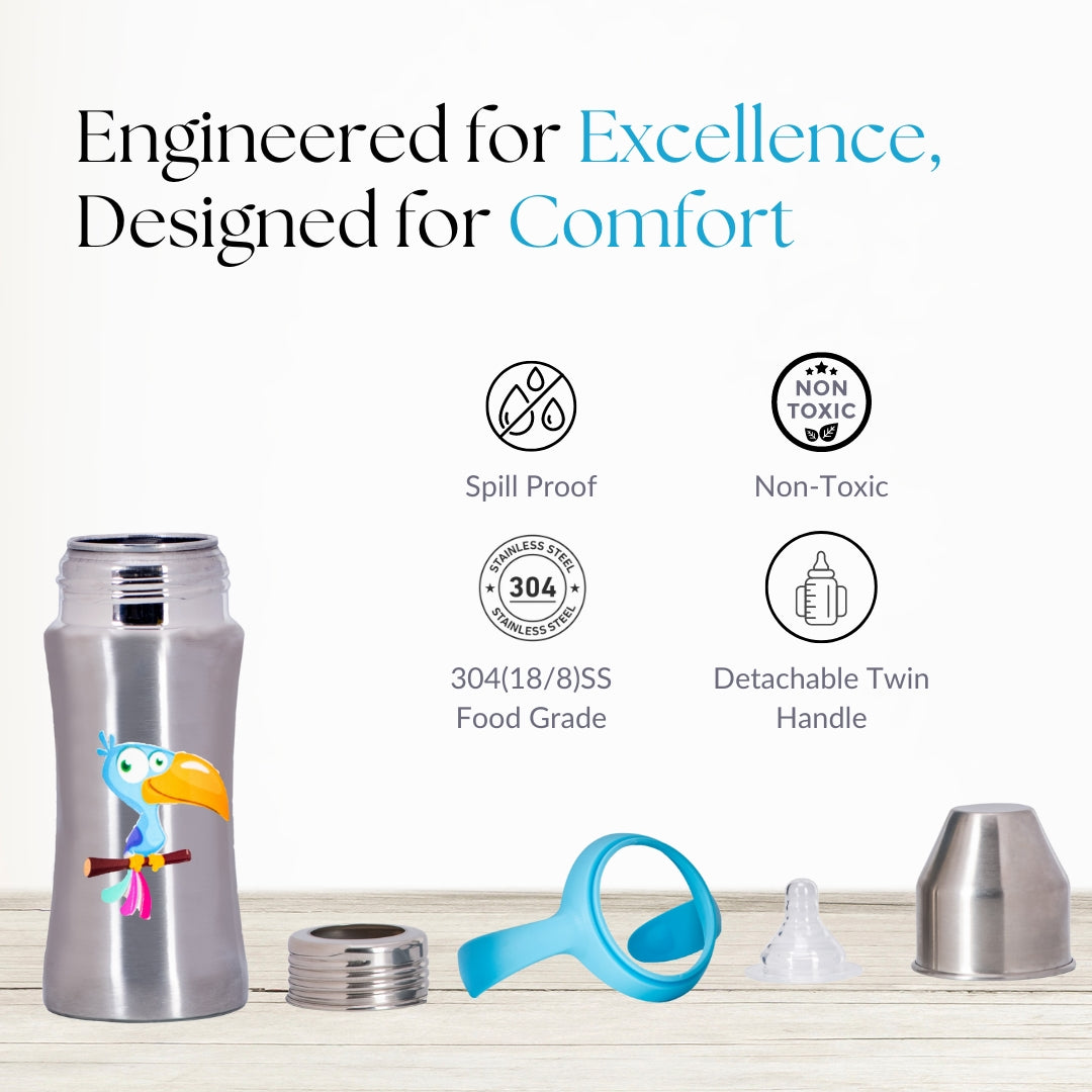 Adore Magnus! Premium Wideneck Stainless Steel Feeding Bottle with anti-colic teat and Handle 250ml - Blue Toucan