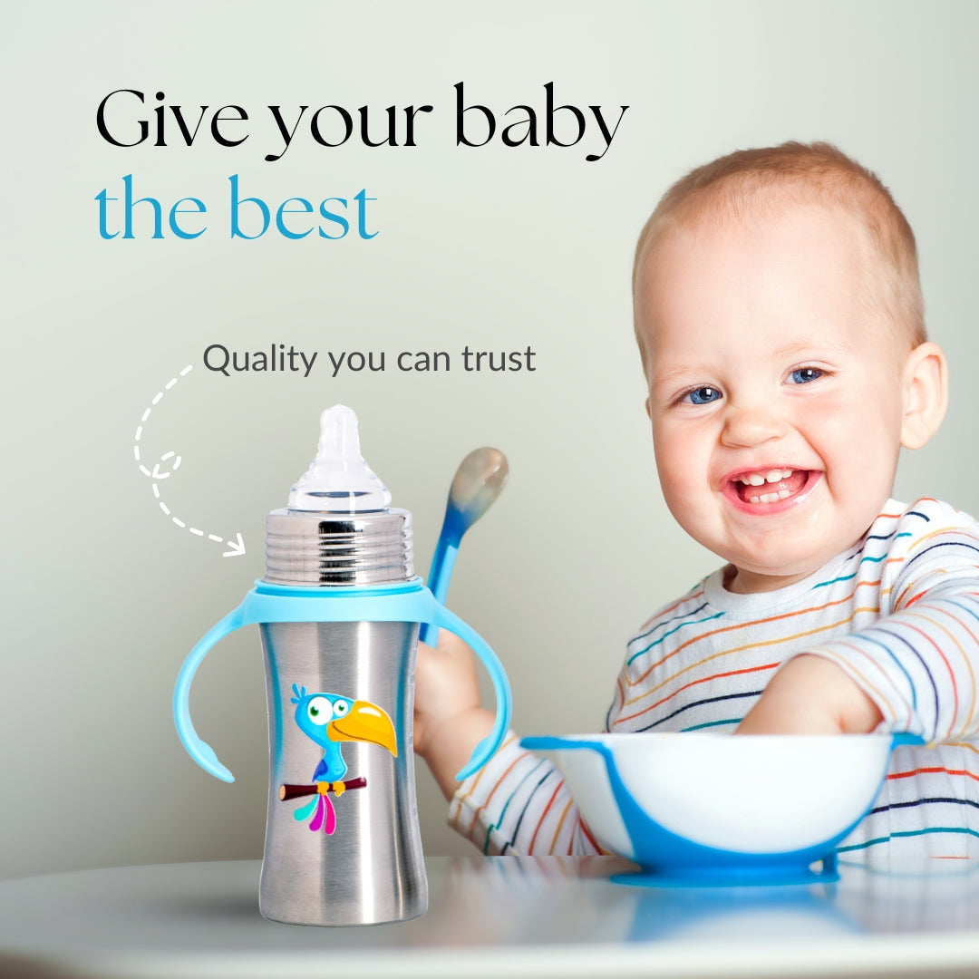 Adore Magnus! Premium Wideneck Stainless Steel Feeding Bottle with anti-colic teat and Handle 250ml - Blue Toucan