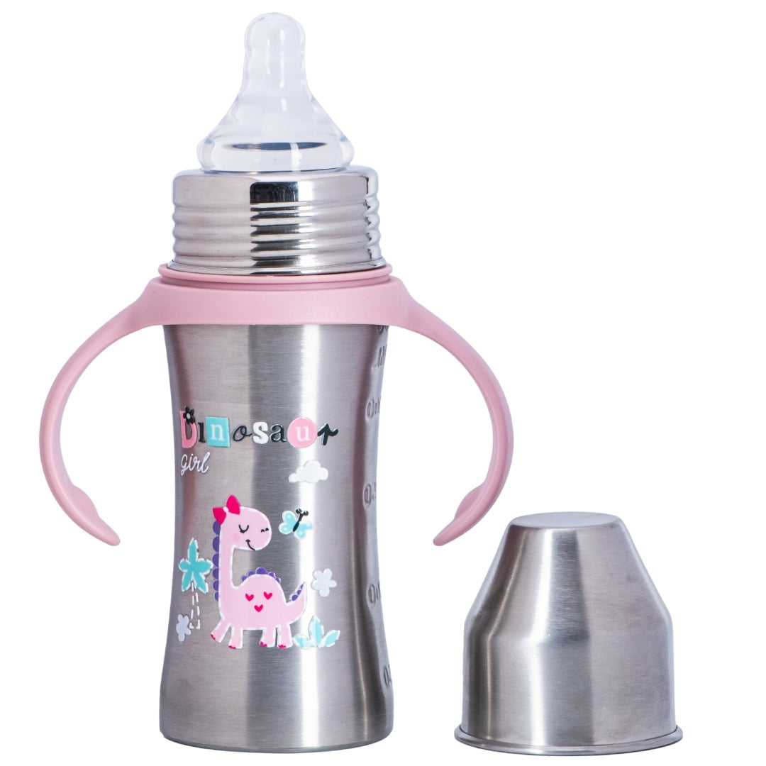 Adore Magnus! Premium Wideneck Stainless Steel Feeding Bottle with anti-colic teat and Handle 250ml - Pink Dino
