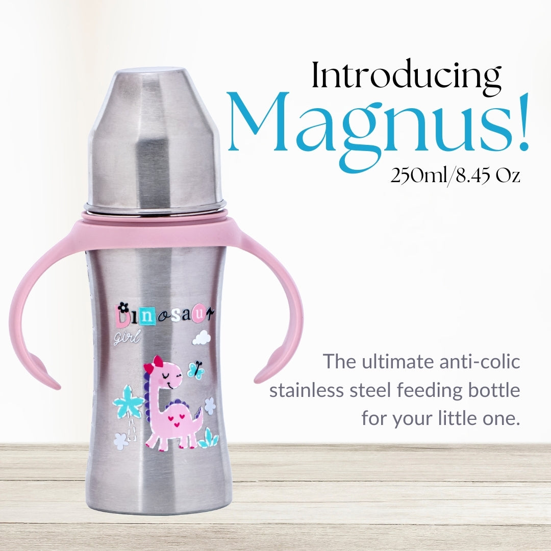 Adore Magnus! Premium Wideneck Stainless Steel Feeding Bottle with anti-colic teat and Handle 250ml - Pink Dino