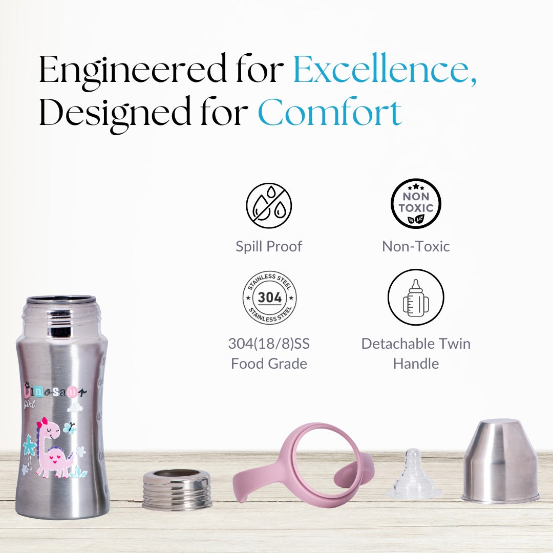 Adore Magnus! Premium Wideneck Stainless Steel Feeding Bottle with anti-colic teat and Handle 250ml - Pink Dino