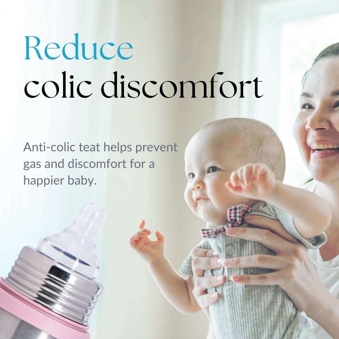 Adore Magnus! Premium Wideneck Stainless Steel Feeding Bottle with anti-colic teat and Handle 250ml - Pink Dino