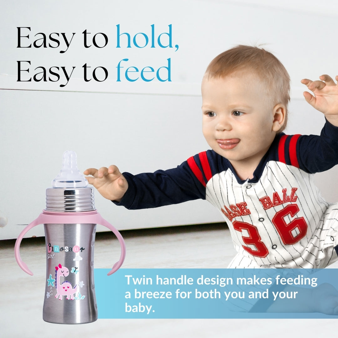 Adore Magnus! Premium Wideneck Stainless Steel Feeding Bottle with anti-colic teat and Handle 250ml - Pink Dino