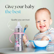 Adore Magnus! Premium Wideneck Stainless Steel Feeding Bottle with anti-colic teat and Handle 250ml - Pink Dino