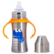 Adore Magnus! Premium Wideneck Stainless Steel Feeding Bottle with anti-colic teat and Handle 250ml - Orange Dino