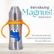 Adore Magnus! Premium Wideneck Stainless Steel Feeding Bottle with anti-colic teat and Handle 250ml - Orange Dino