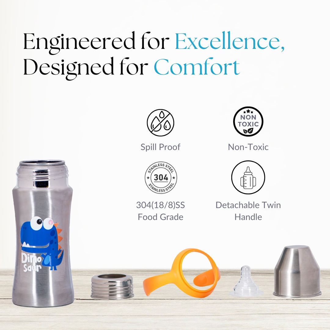 Adore Magnus! Premium Wideneck Stainless Steel Feeding Bottle with anti-colic teat and Handle 250ml - Orange Dino