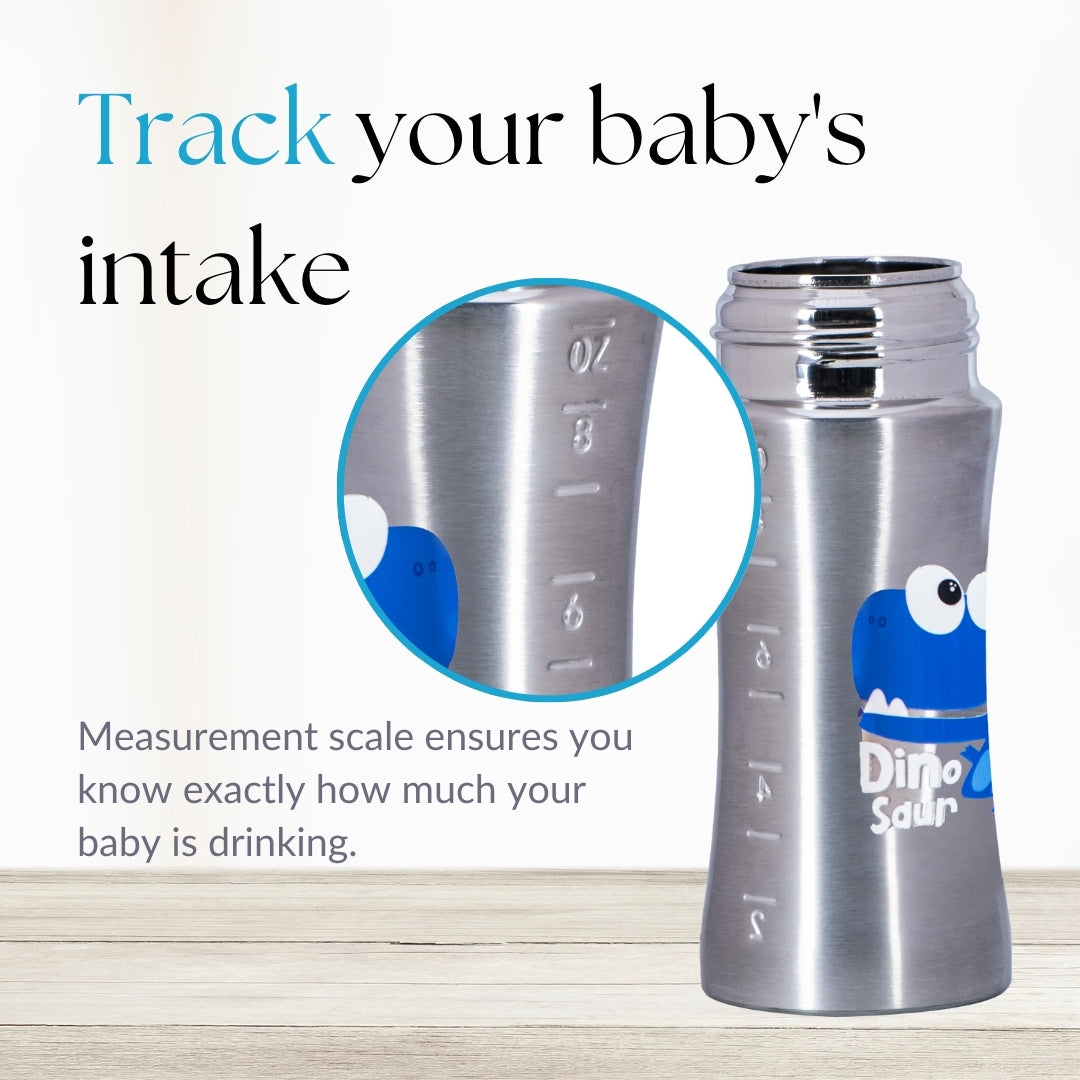Adore Magnus! Premium Wideneck Stainless Steel Feeding Bottle with anti-colic teat and Handle 250ml - Orange Dino