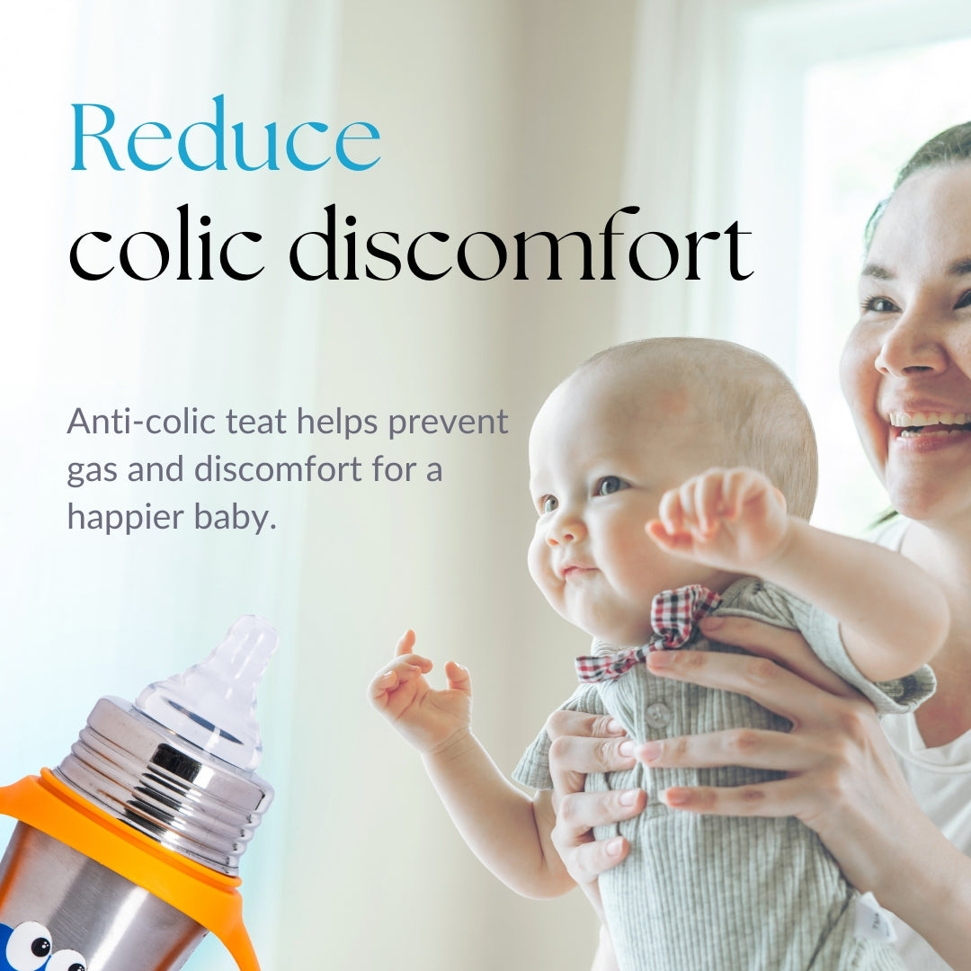 Adore Magnus! Premium Wideneck Stainless Steel Feeding Bottle with anti-colic teat and Handle 250ml - Orange Dino