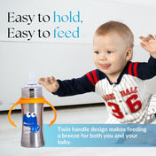 Adore Magnus! Premium Wideneck Stainless Steel Feeding Bottle with anti-colic teat and Handle 250ml - Orange Dino