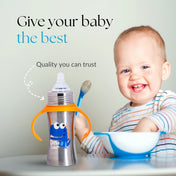 Adore Magnus! Premium Wideneck Stainless Steel Feeding Bottle with anti-colic teat and Handle 250ml - Orange Dino