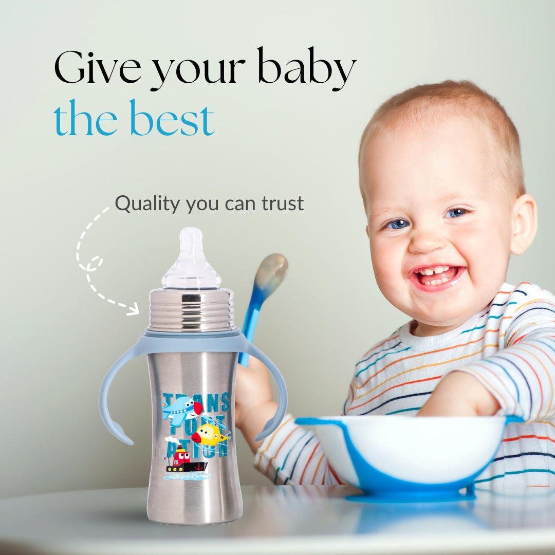 Adore Magnus! Premium Wideneck Stainless Steel Feeding Bottle with anti-colic teat and Handle 250ml - Blue Transport
