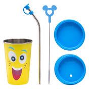 Adore Blissful! The Character Printed Steel Tumbler with Straw Lid Cap, Straw, Straw Brush set- 350ml - Smiley