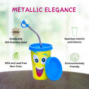 Adore Blissful! The Character Printed Steel Tumbler with Straw Lid Cap, Straw, Straw Brush set- 350ml - Smiley