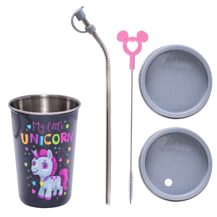 Adore Blissful! The Character Printed Steel Tumbler with Straw Lid Cap, Straw, Straw Brush set- 350ml - Unicorn