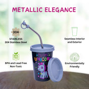 Adore Blissful! The Character Printed Steel Tumbler with Straw Lid Cap, Straw, Straw Brush set- 350ml - Unicorn