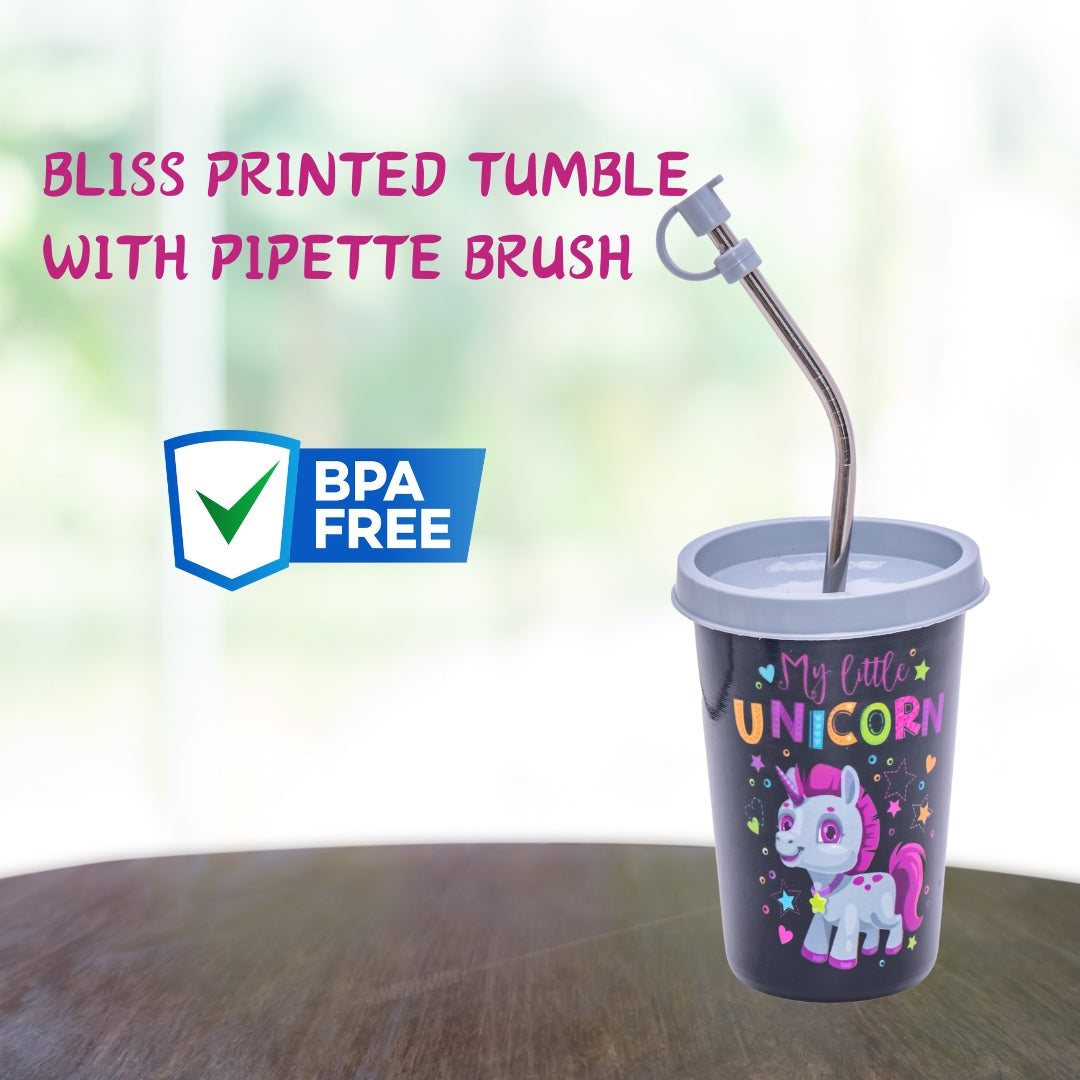 Adore Blissful! The Character Printed Steel Tumbler with Straw Lid Cap, Straw, Straw Brush set- 350ml - Unicorn
