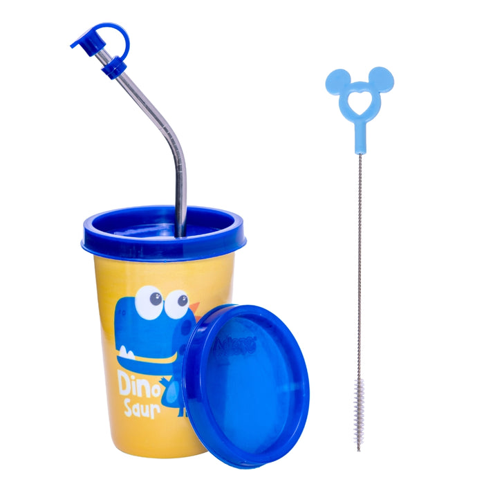 Adore Blissful! The Character Printed Steel Tumbler with Straw Lid Cap, Straw, Straw Brush set- 350ml - Dino