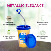 Adore Blissful! The Character Printed Steel Tumbler with Straw Lid Cap, Straw, Straw Brush set- 350ml - Dino