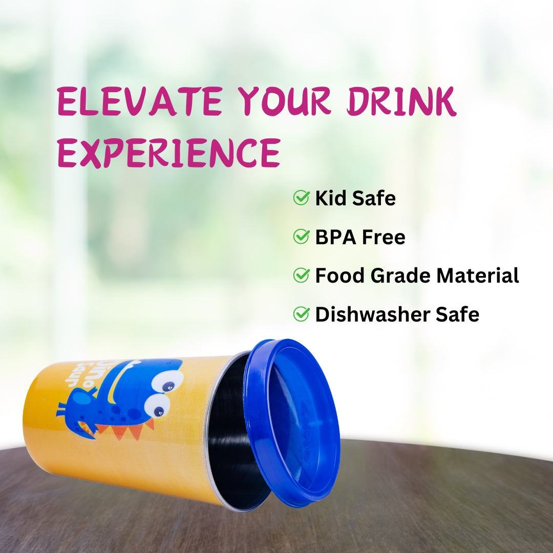 Adore Blissful! The Character Printed Steel Tumbler with Straw Lid Cap, Straw, Straw Brush set- 350ml - Dino