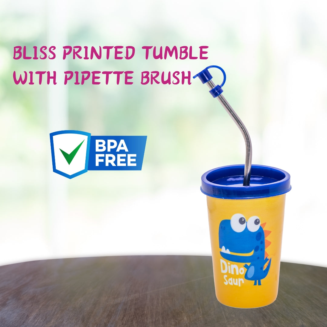 Adore Blissful! The Character Printed Steel Tumbler with Straw Lid Cap, Straw, Straw Brush set- 350ml - Dino