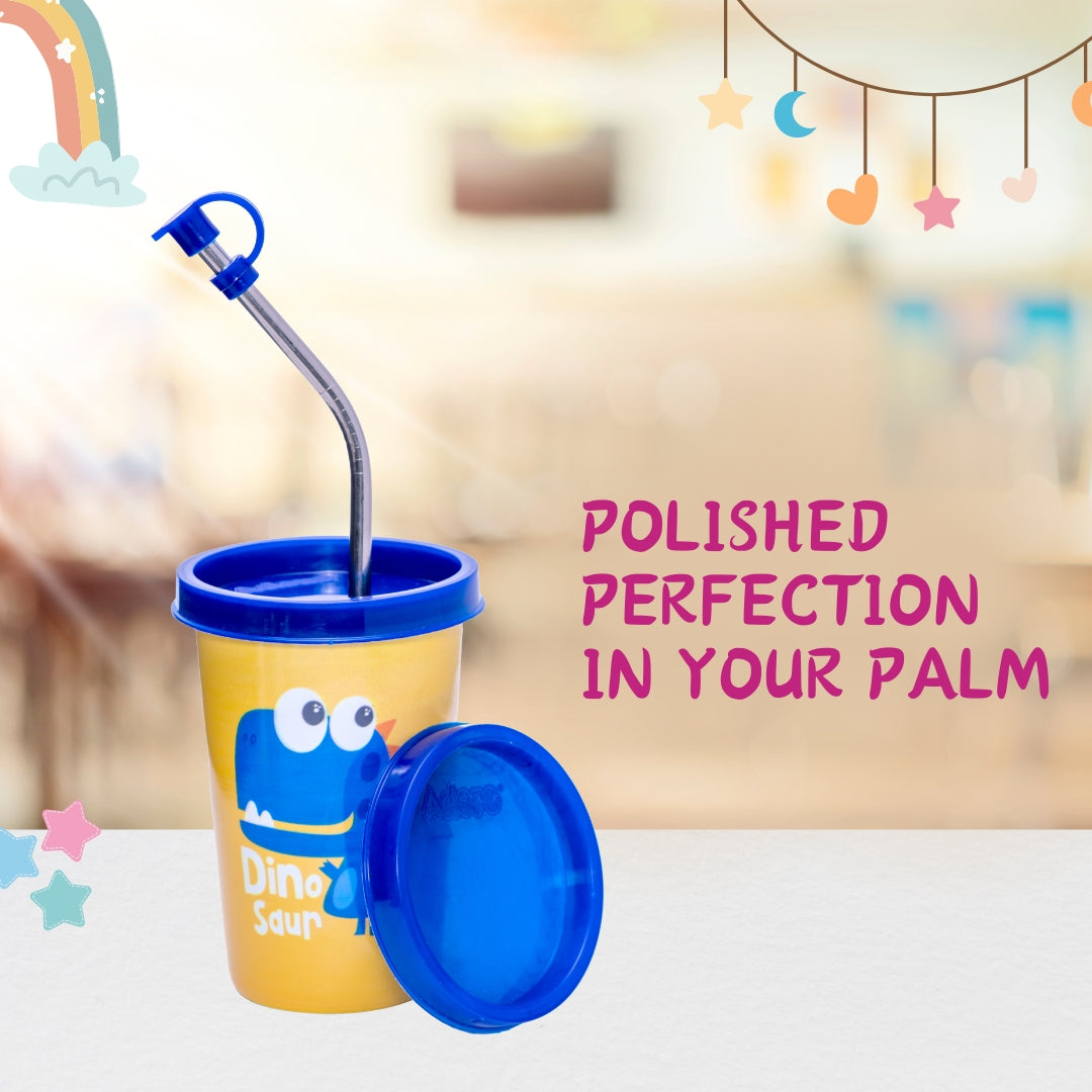 Adore Blissful! The Character Printed Steel Tumbler with Straw Lid Cap, Straw, Straw Brush set- 350ml - Dino